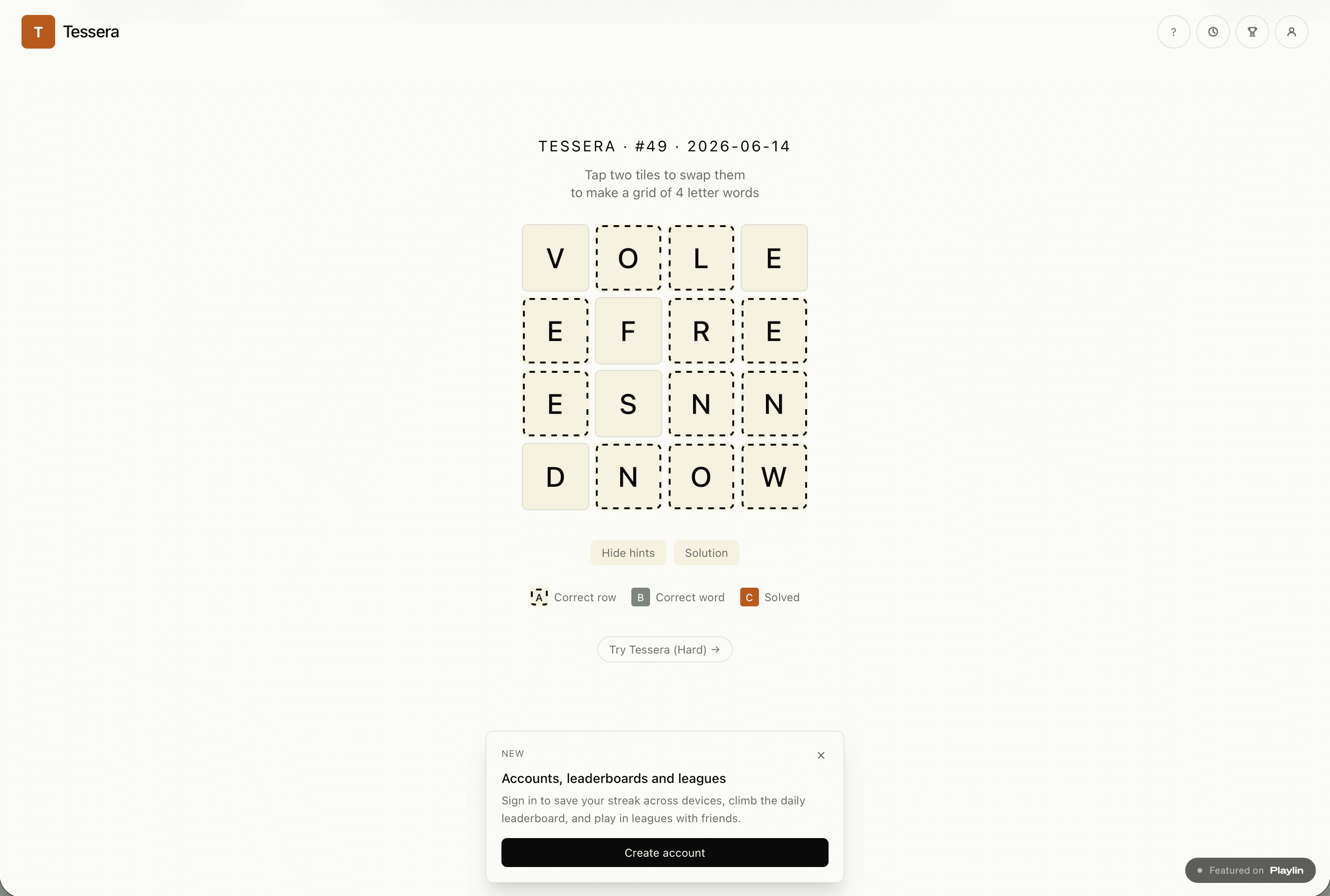 The live Tessera puzzle for #49, a 4x4 grid of letter tiles with hint outlines, controls below, and the new accounts and leagues prompt.