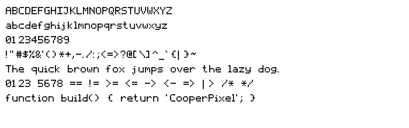 CooperPixel Regular specimen showing the alphabet, digits, punctuation, and a sample paragraph