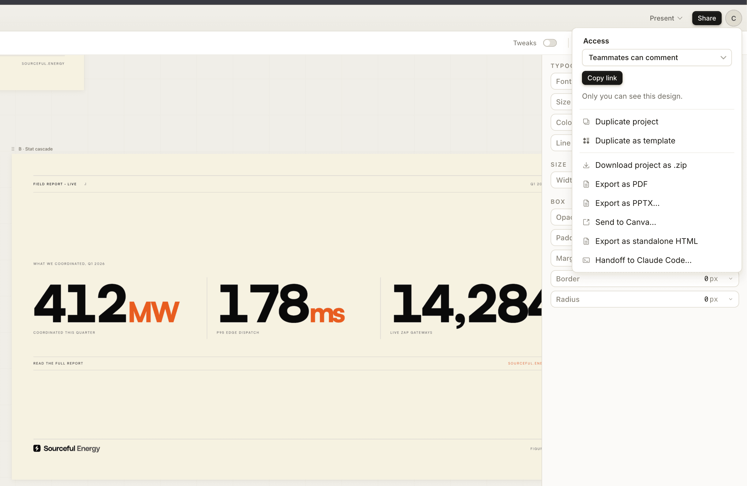 Claude Design export menu with options for Zip, PDF, PPTX, HTML, Canva and Claude Code