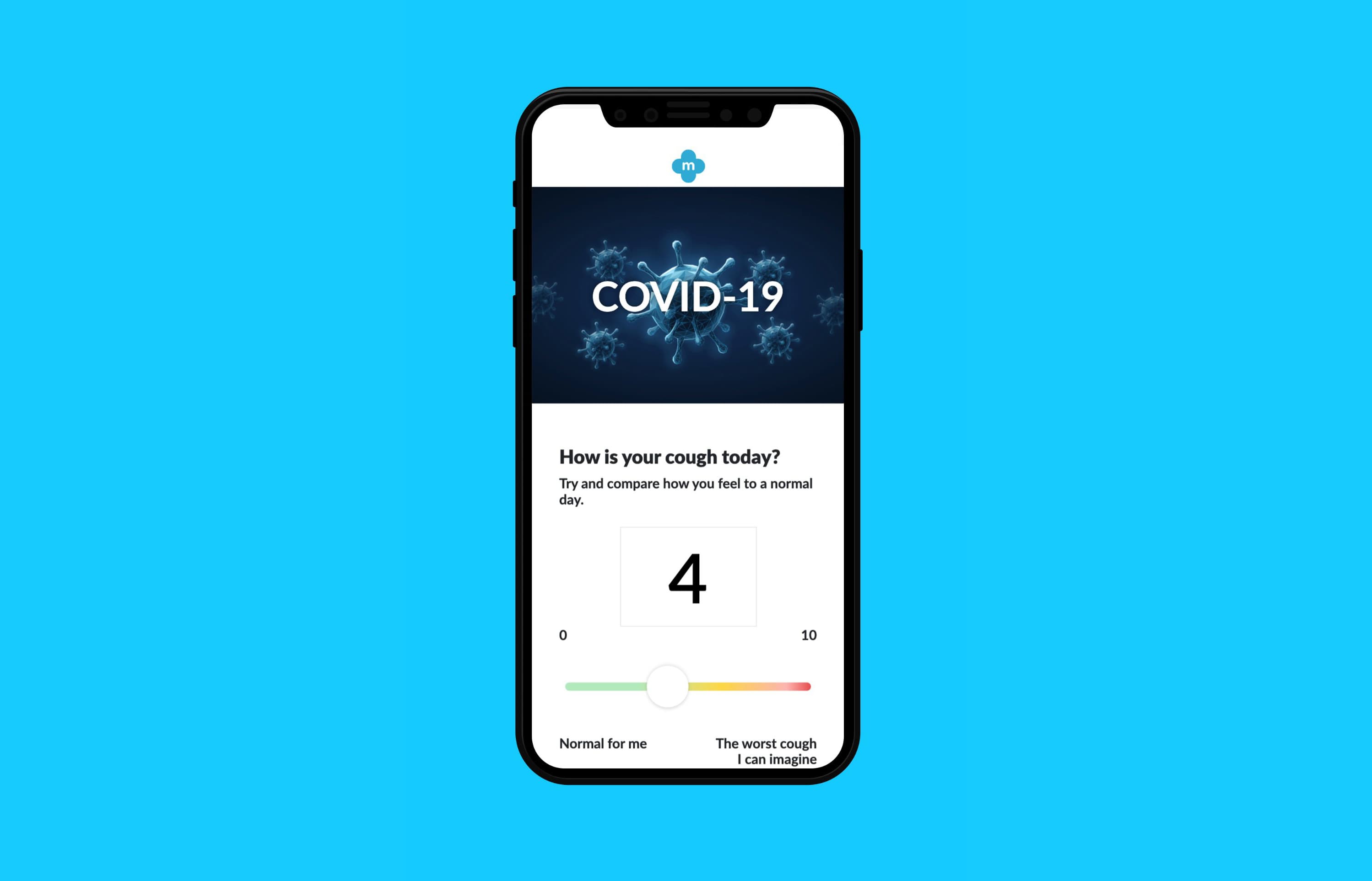 Cough symptom rating screen with 0 to 10 slider and colour gradient