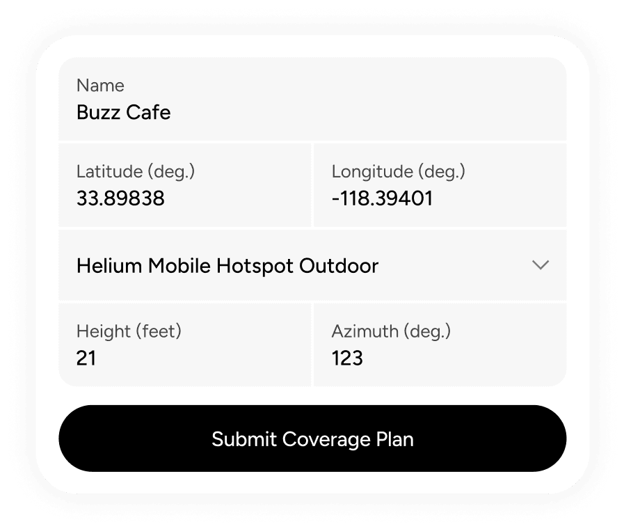 Submit Coverage Plan form with latitude, longitude and hotspot type