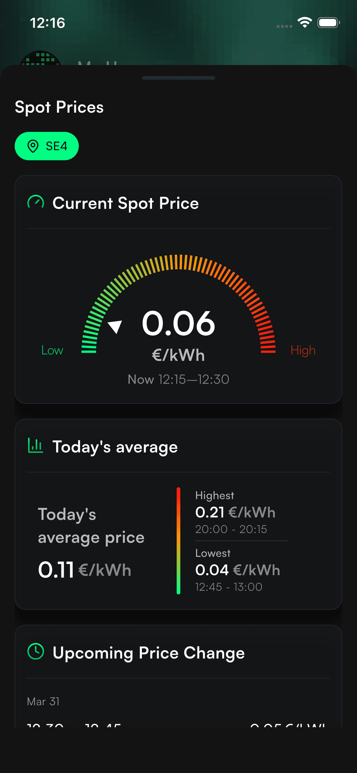 Spot price screen showing current and upcoming €/kWh price for the SE4 area