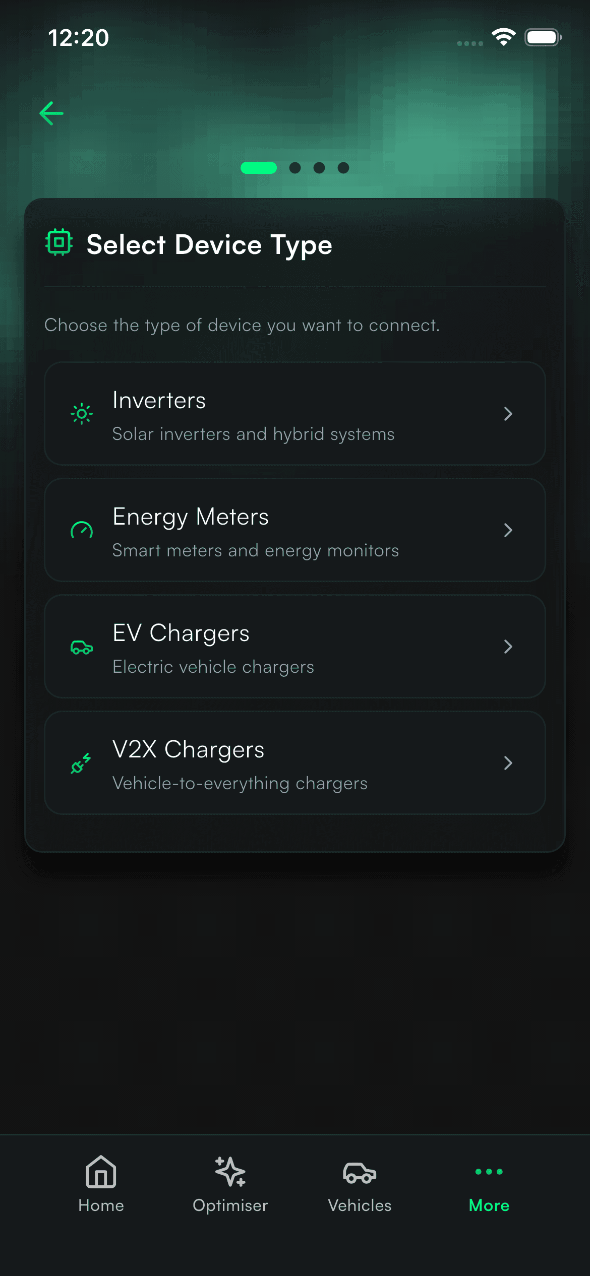 Devices list showing connected inverter, battery, EV charger and meter