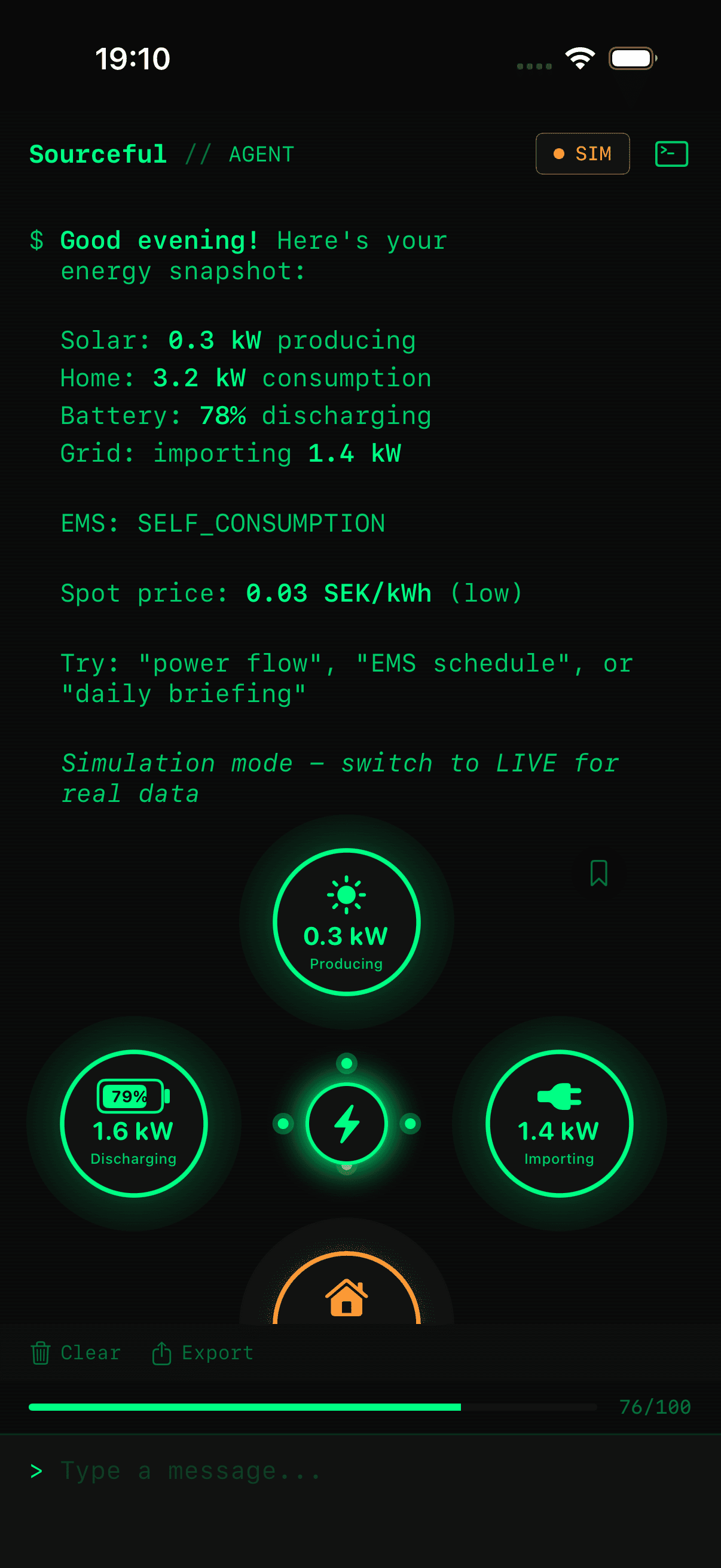 Home chat interface in Sourceful Energy Agent