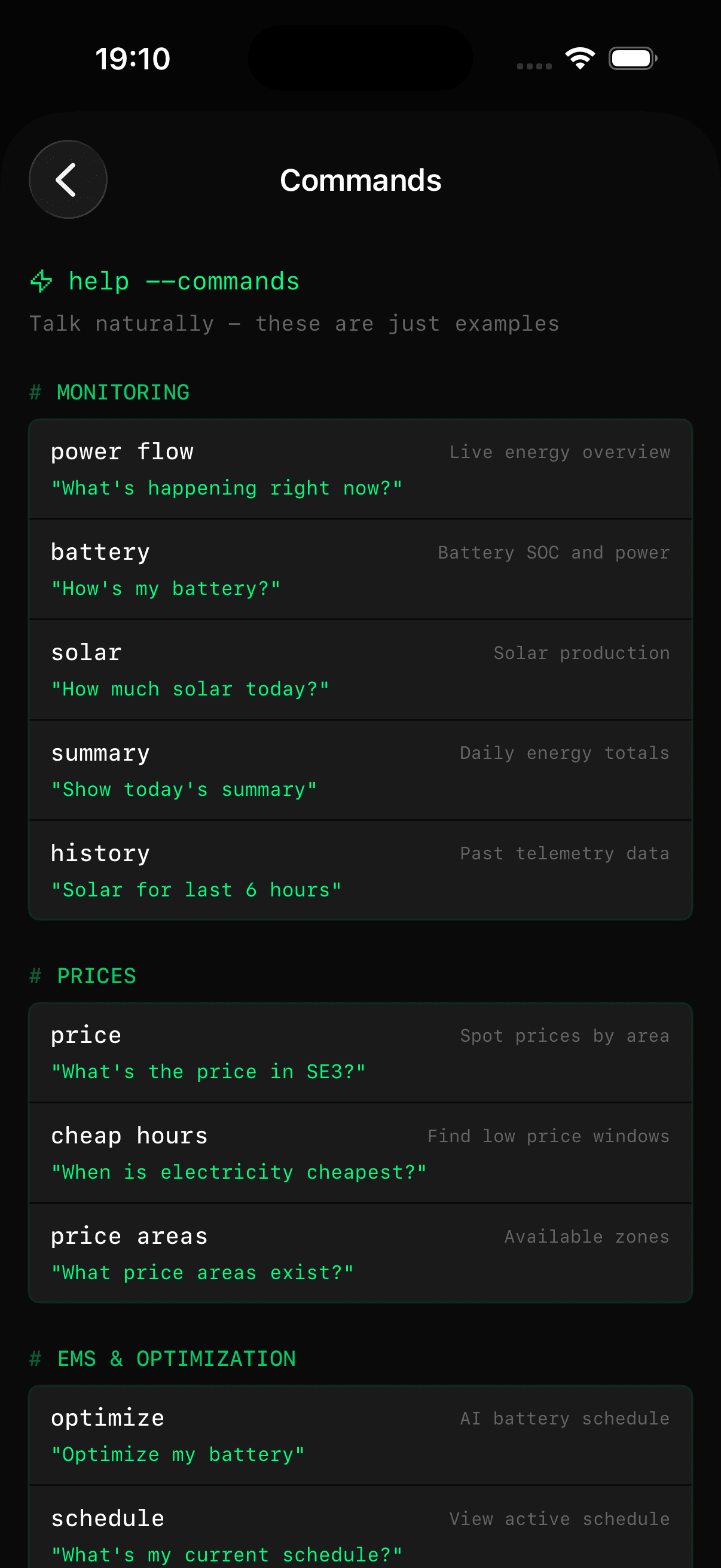 Command examples in the chat assistant