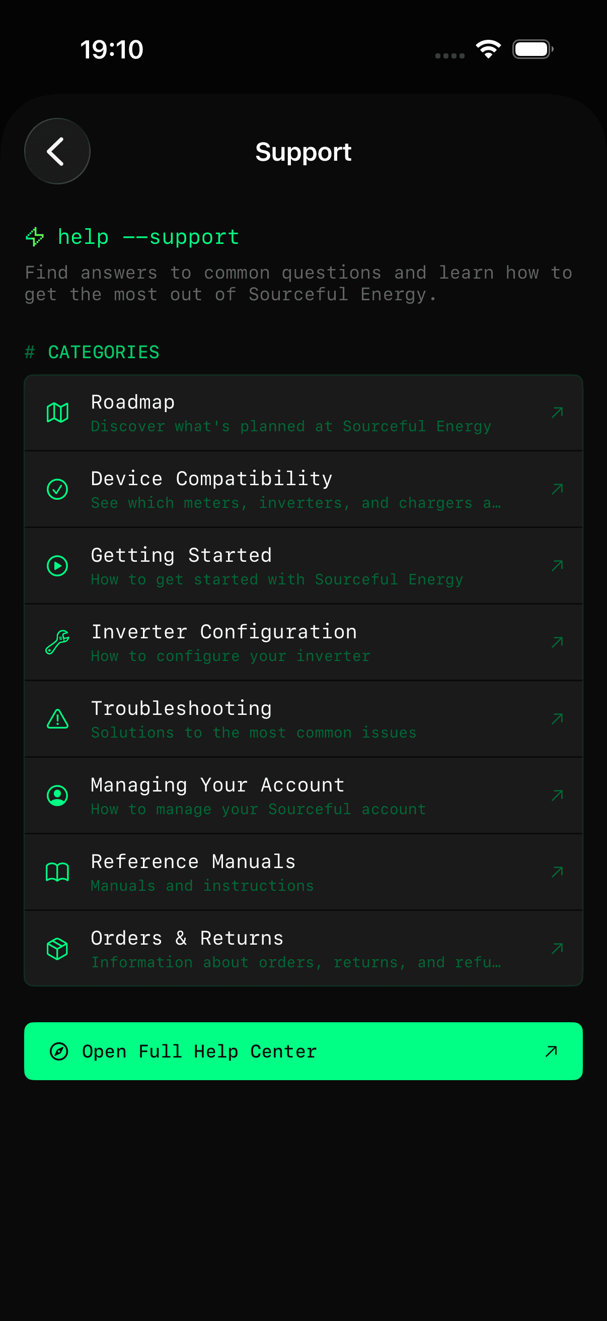 Support panel and help navigation in Sourceful Energy Agent