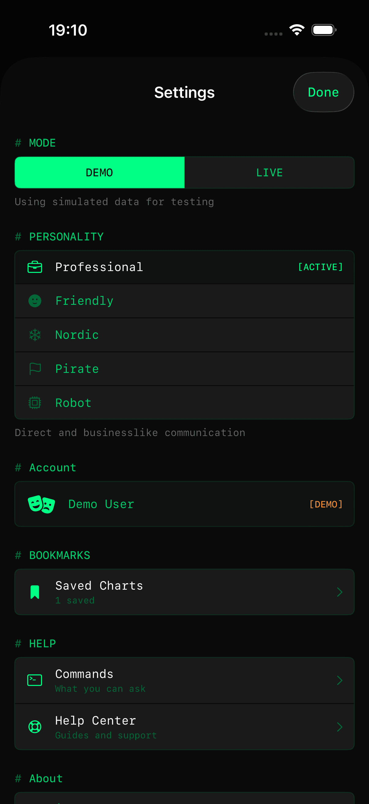 Personality selection settings