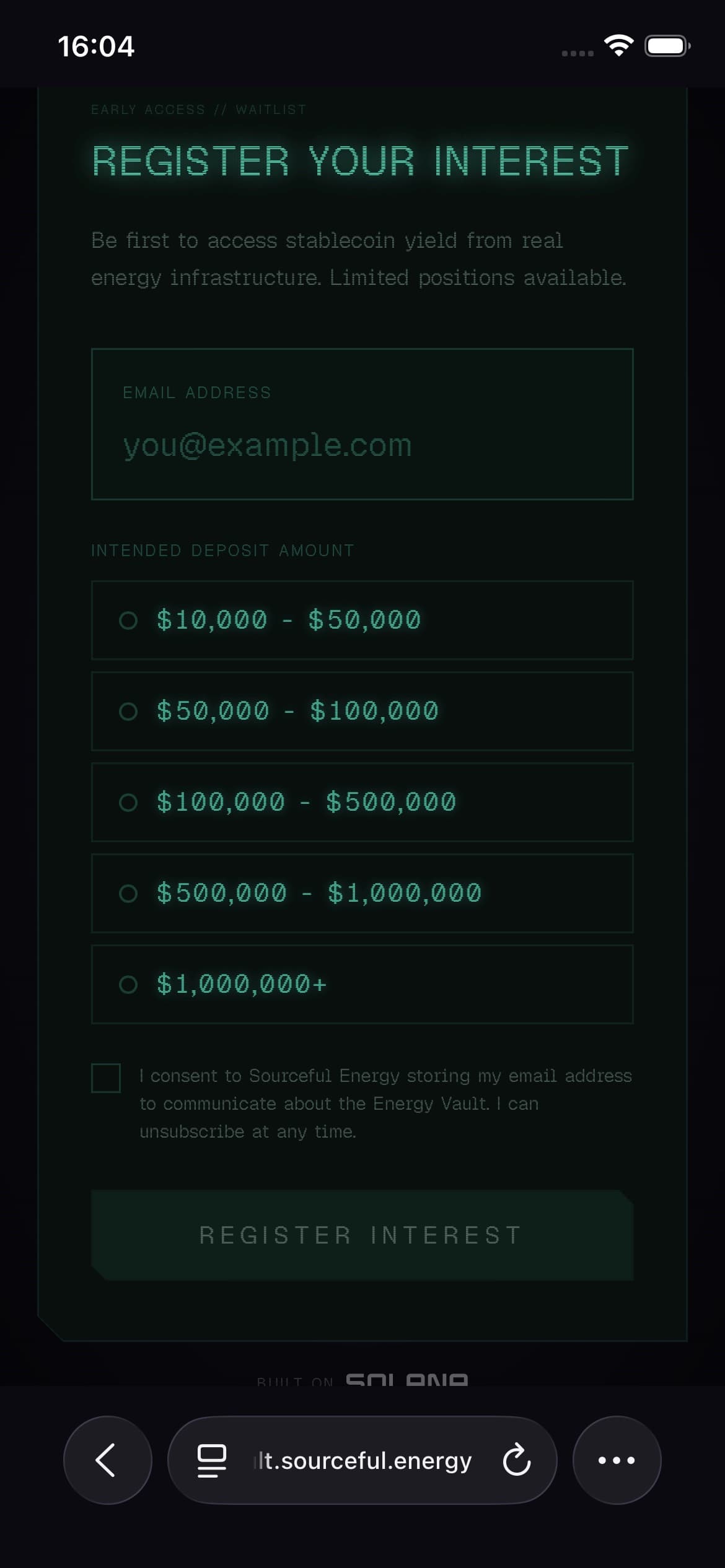 Register interest form, deep space theme
